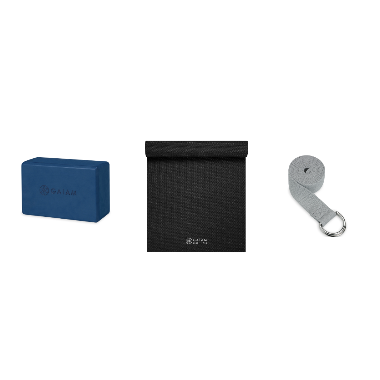 Yoga Bundle - Block (Indigo Ink), Mat (Black), Strap (Grey)